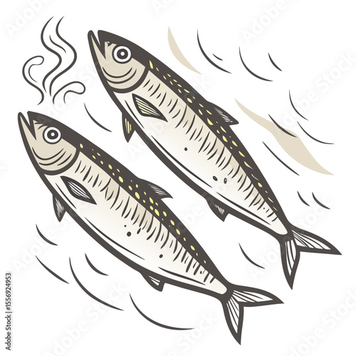 Two smoked fish with steam and wavy lines seafood food