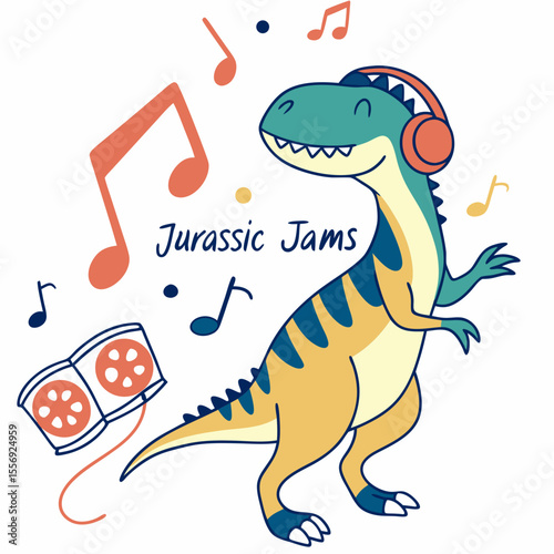 Dinosaur listening to music with headphones and cassette notes
