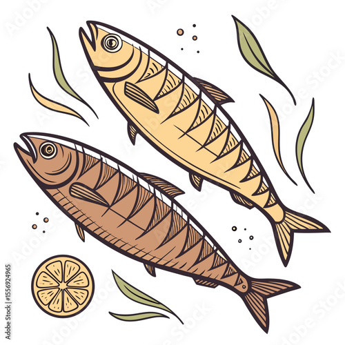 Two smoked fish with lemon and herbs seafood food