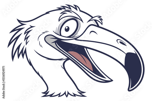 Cartoon bird head showcases wide eyes and an open beak, displaying a comical nature