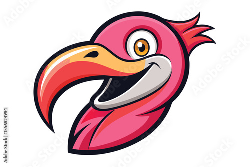 Cartoon flamingo head smiles with vibrant colors, creating a cheerful and playful mascot appearance