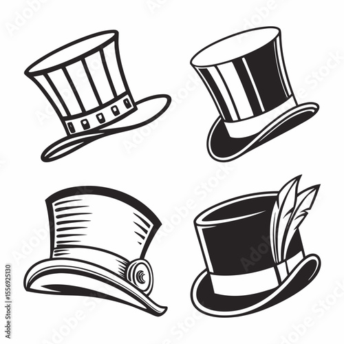 Four black top hats with decorative elements headwear formal wear