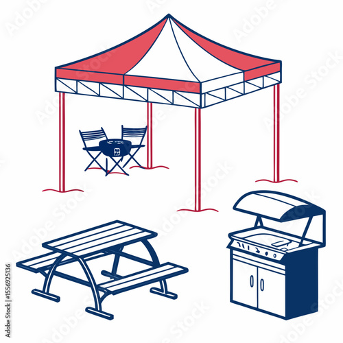Outdoor picnic tent with grill and seating canopy