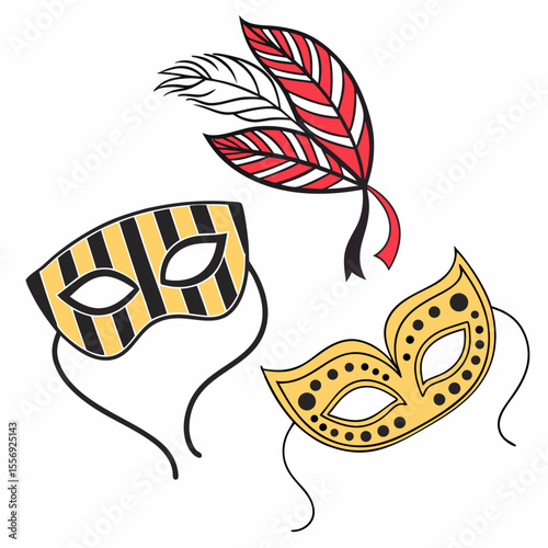 Festive masks and feathers on white background masquerade party