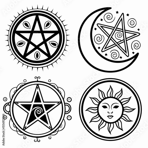 Occult celestial symbols pentagram moon sun mystical emblems vector