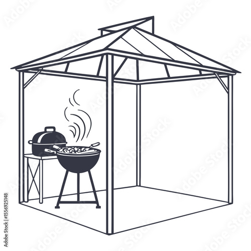 Outdoor barbecue gazebo with smoking grill and cooking utensils vector
