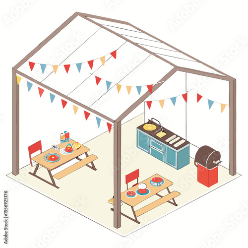 Outdoor party tent with picnic tables food and grill drinks chairs