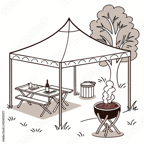 Outdoor barbecue scene with tent picnic table grill and tree vector
