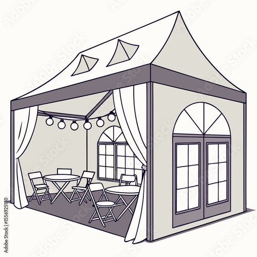 Outdoor tent with tables chairs and string lights event tent party tent