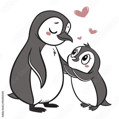 Two adorable penguins embracing with pink hearts cute animal