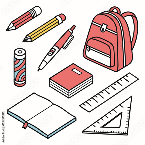 Red backpack yellow pencil coral notebook blue book rulers and pen school supplies