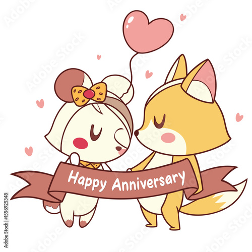 Cute fox and mouse couple with anniversary banner celebration