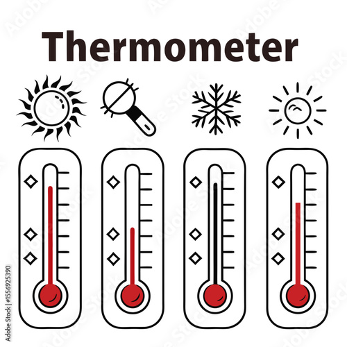 Thermometer icons showing temperature variations with sun and snowflake symbols heat