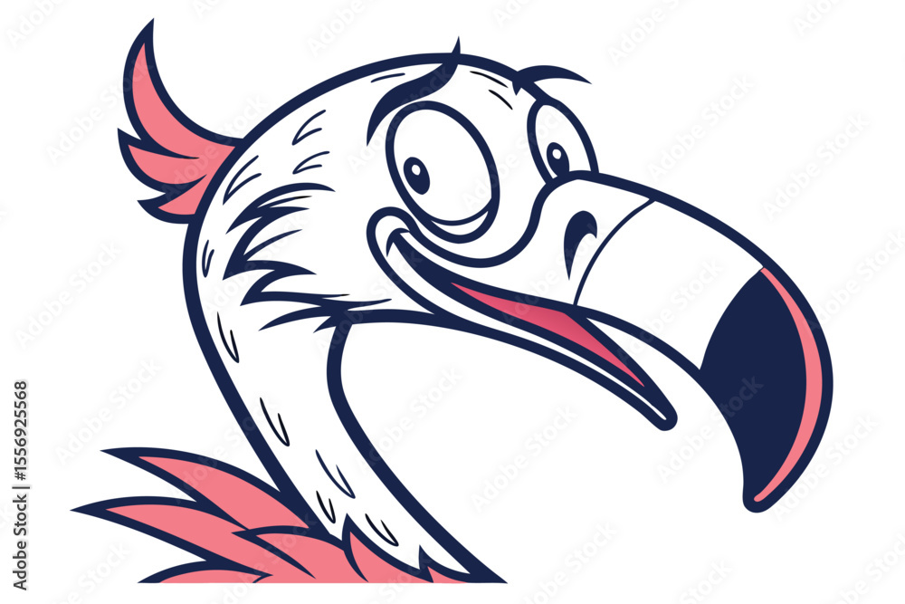 Naklejka premium Cartoon flamingo displays cheerful expression through its large, expressive eyes and upturned beak