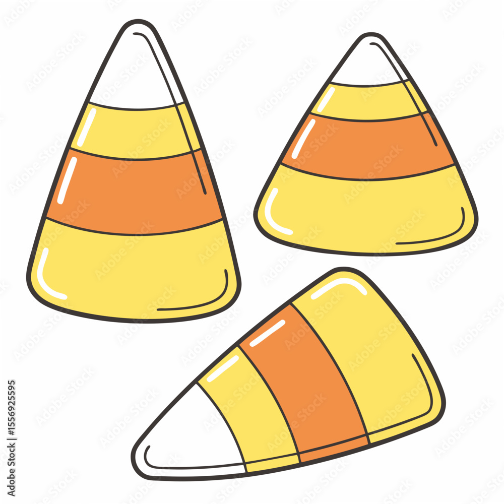 Fototapeta premium Three candy corn treats with white background halloween sweet