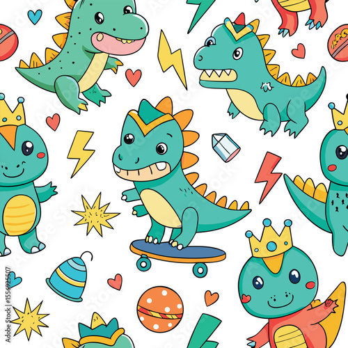 A seamless pattern with funny cartoon green monsters, dragons, and dinosaurs is a cute vector illustration of wild fantasy animals
