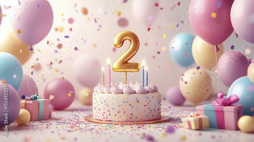 Celebration for a Second Birthday with Cake, Balloons, and Confetti
