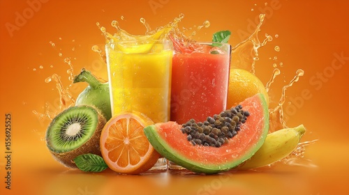 Tropical fruit explosion papaya kiwi orange smoothie refreshing juices in summer light vitamins