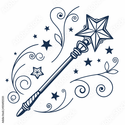 Dark blue magic wand with stars and swirls fantasy enchantment
