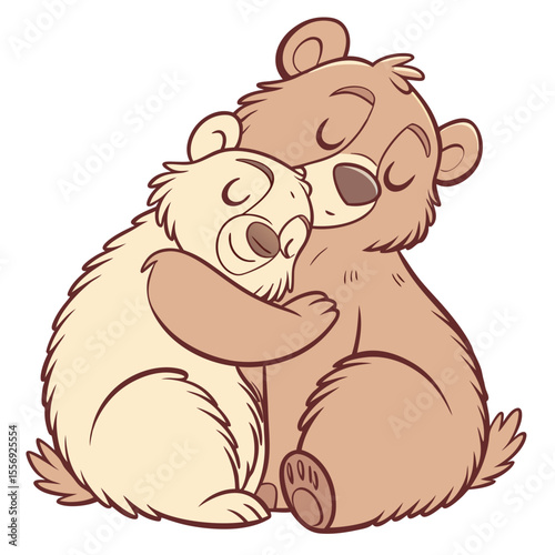 Two teddy bears hugging with closed eyes in warm tones cuddling siblings