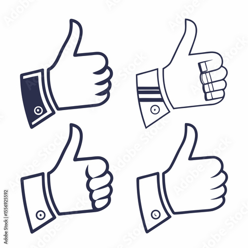 Four thumbs up icons with dark blue outlines approval gesture