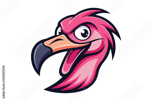 Cartoon flamingo head has expressive face with pink feathers and dark beak shown