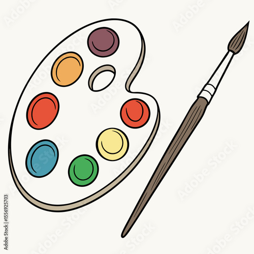 Colorful art palette and paintbrush with various paints colors