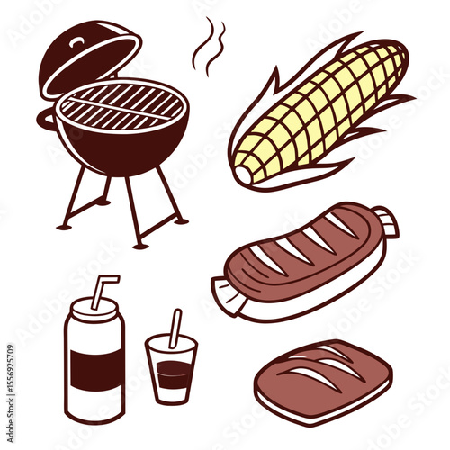 Barbecue grill corn steak drinks and bread on white background food