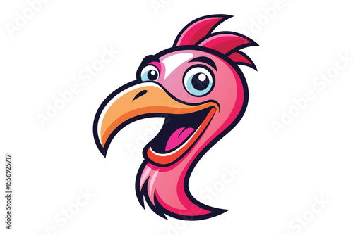 Playful pink flamingo with orange beak smiles widely in this vibrant and cheerful vector