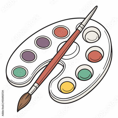 Art palette with paintbrush and colorful paint blobs colors