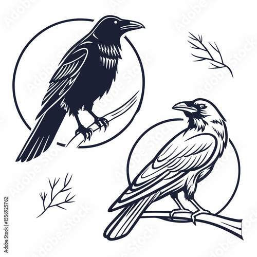 Two dark birds perched on branches within circles with decorative twigs crow raven
