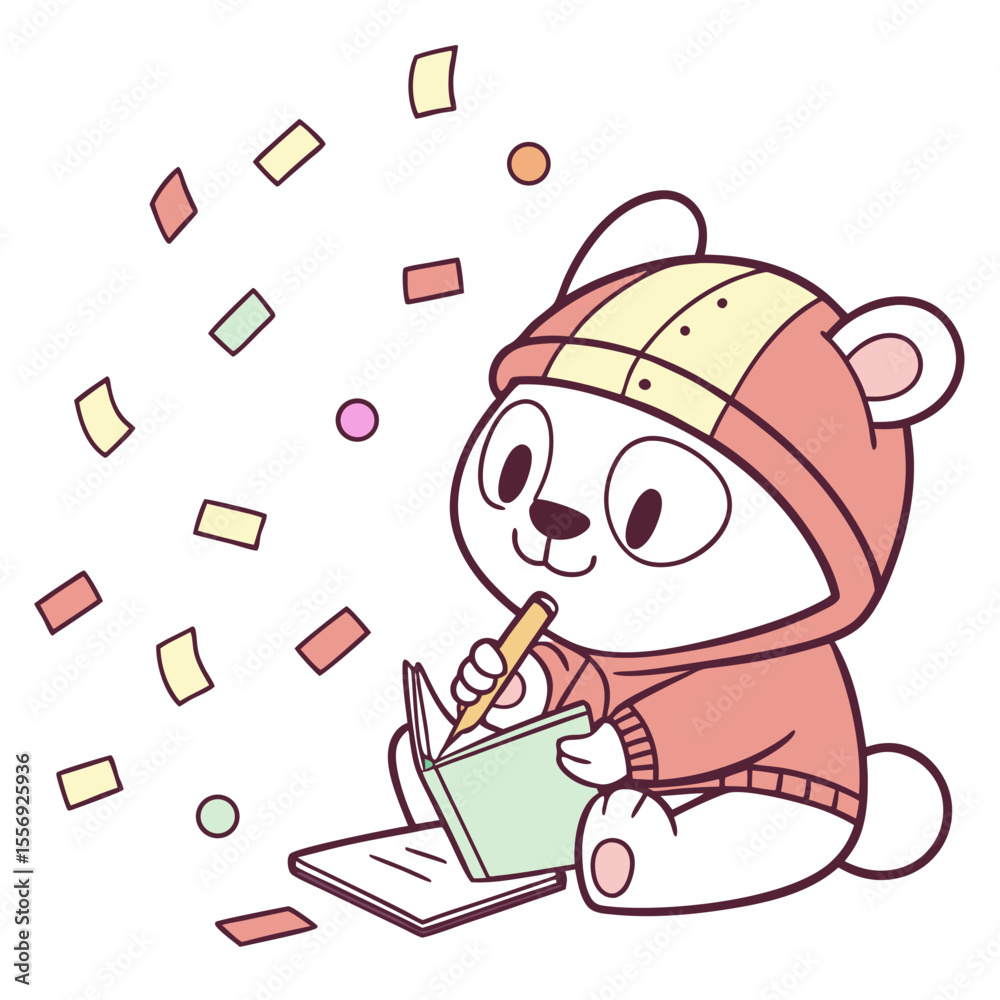 Cute panda character writing in a notebook with confetti pencil Cute panda character writing in a notebook with confetti pencil