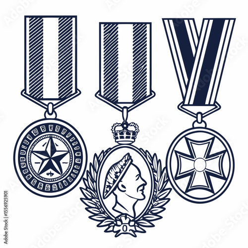 Navy blue award medals with striped ribbons and detailed emblems star