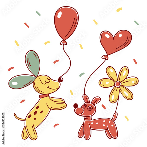 Two balloon dogs celebrating with balloons and confetti celebration party