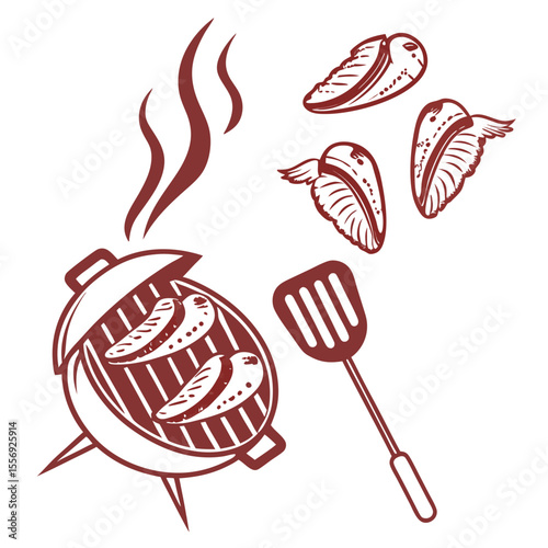 Barbecue grill with chicken wings and spatula cooking food