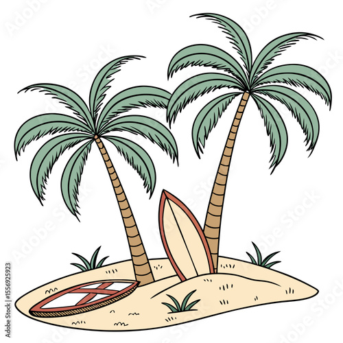 Tropical island palm trees surfboard vacation scene beach