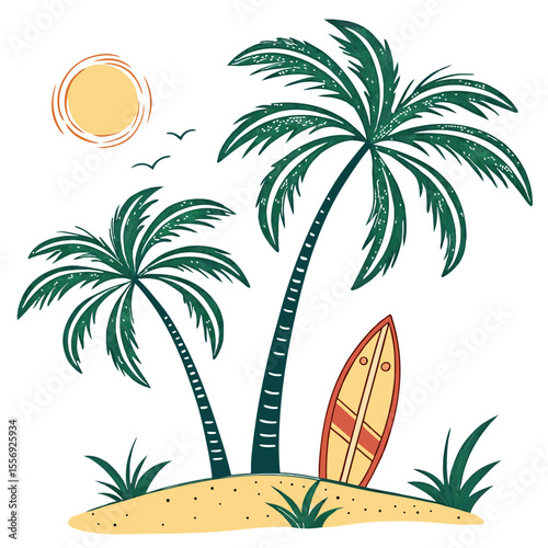Tropical beach scene with palm trees sun and surfboard vacation