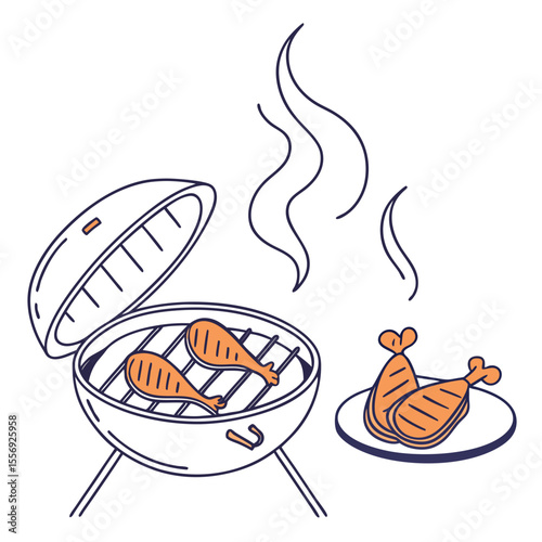 Orange chicken drumsticks cooking on a grill with steam grilling barbecue
