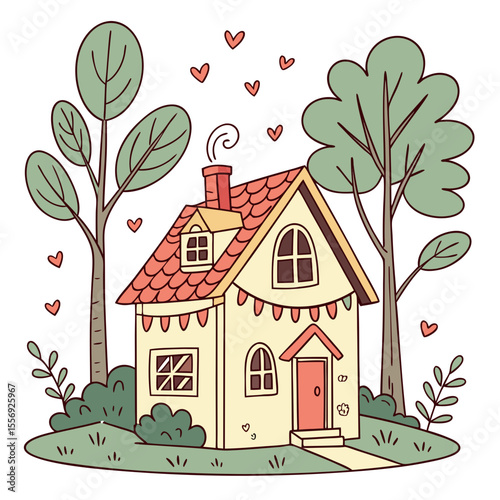 Charming yellow house with heart windows and trees home red roof