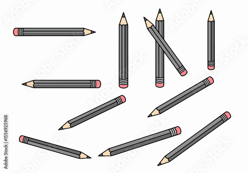Scattered graphite pencils with pink erasers on a white background, simple flat illustration.