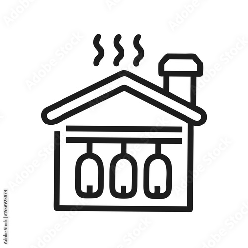 Smokehouse with hanging meats and chimney emitting smoke building food processing