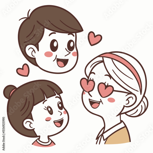 Happy family faces with hearts love smiling