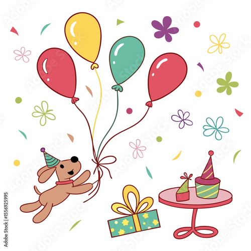 Happy dog with balloons and birthday gifts celebration party