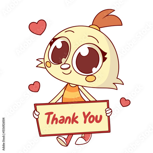 Cheerful character holding thank you message with hearts cartoon cute