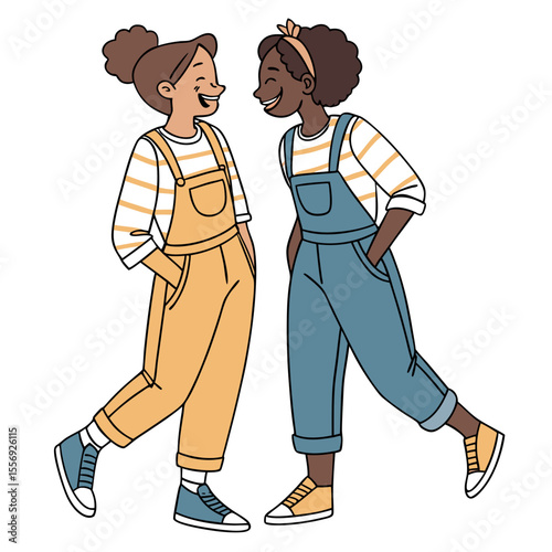 Two girls in matching outfits laughing together friends overalls