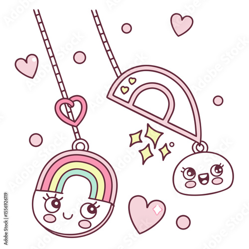 Kawaii rainbow and face necklaces with hearts vector