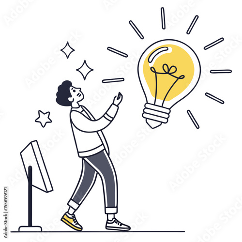 Person reaching for glowing lightbulb with stars idea inspiration