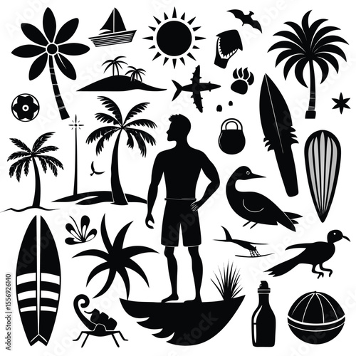 A vibrant set of vector silhouettes of palm trees and tropical beach icons illustrates a summer travel design