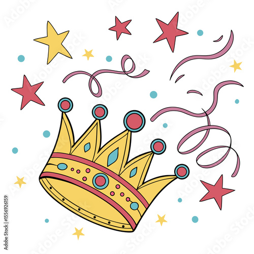 Yellow crown with pink and blue accents surrounded by stars and confetti vector