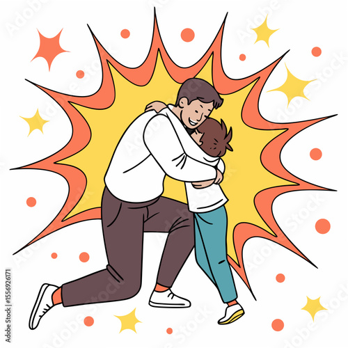 Father hugging child with comic explosion family love
